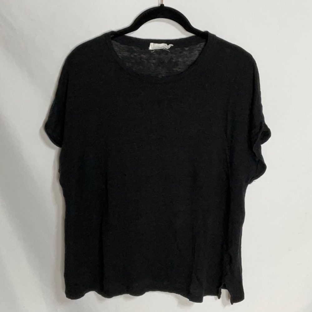 Monoprix 100% Premium Linen Elegant Black Knit Short Sleeve Women's Tee